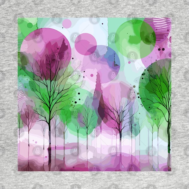 Colorful Pink and Green Abstract Trees by Siha Arts